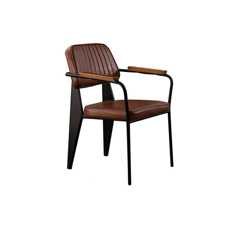 Traditional Vintage Rectangular Faux Oil-Waxed Leather Solid Wood Steel Dining Chair Backrest Armrest For Dining Room