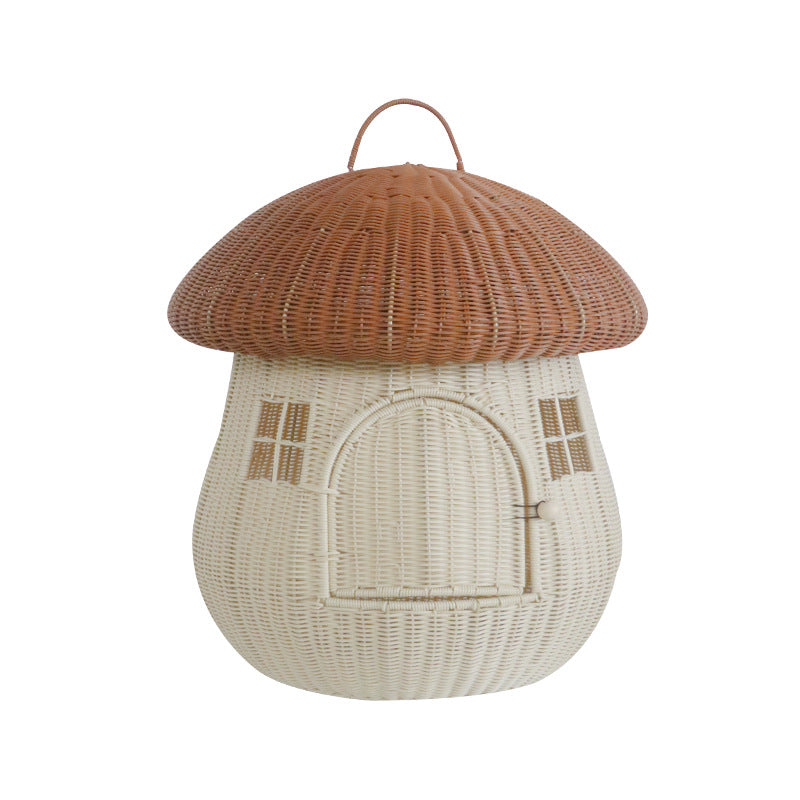 Contemporary Creative Round PP Rattan Handwoven Mushroom-Shaped Cat Bed For Outdoor & Bedroom