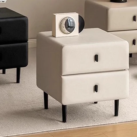 Modern Minimalist Solid Wood & Plywood Faux Leather Rectangular Nightstand With 2-Drawer Design For Bedroom