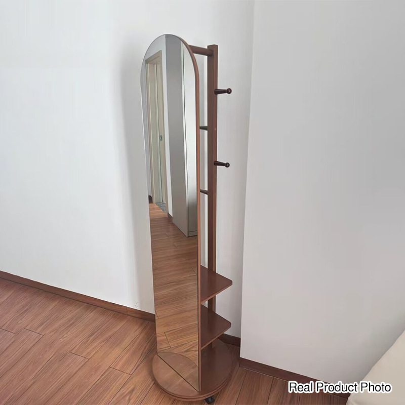 Modern Minimalist Rectangular Solid Wood Rotatable Movable Hall Tree With Mirror & 3-Tier Storage For Bedroom & Entryways