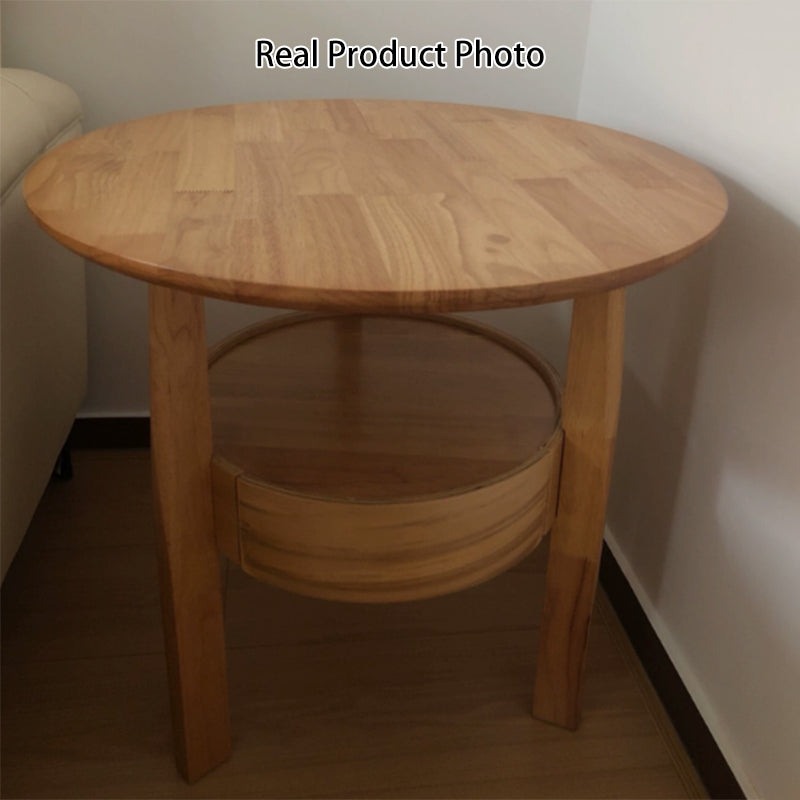 Modern Minimalist Solid Rubberwood & Plywood Round Side Table With Drawer & 2-Tier Storage For Living Room & Bedroom