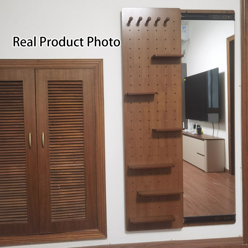 Modern Minimalist Solid Wood Metal Glass Rounded Rectangle Wall Mirror With Sliding Pegboard Storage & Hooks For Entryway
