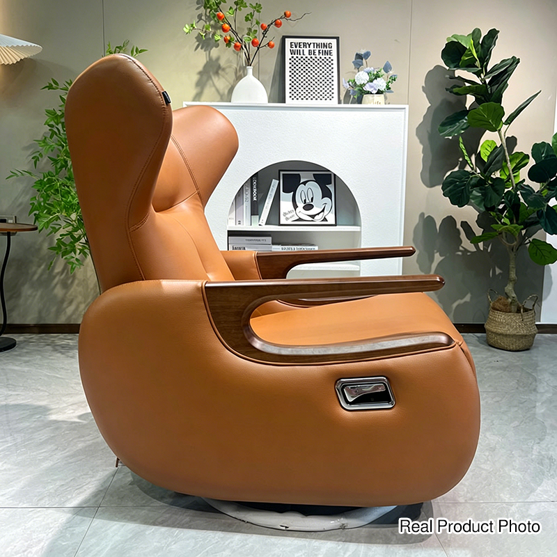 Retro Eco Leather & Solid Wood Metal Swivel Recliner Lounge Chair - Adjustable Rocking Accent Chair With Oak Armrests And Footrests
