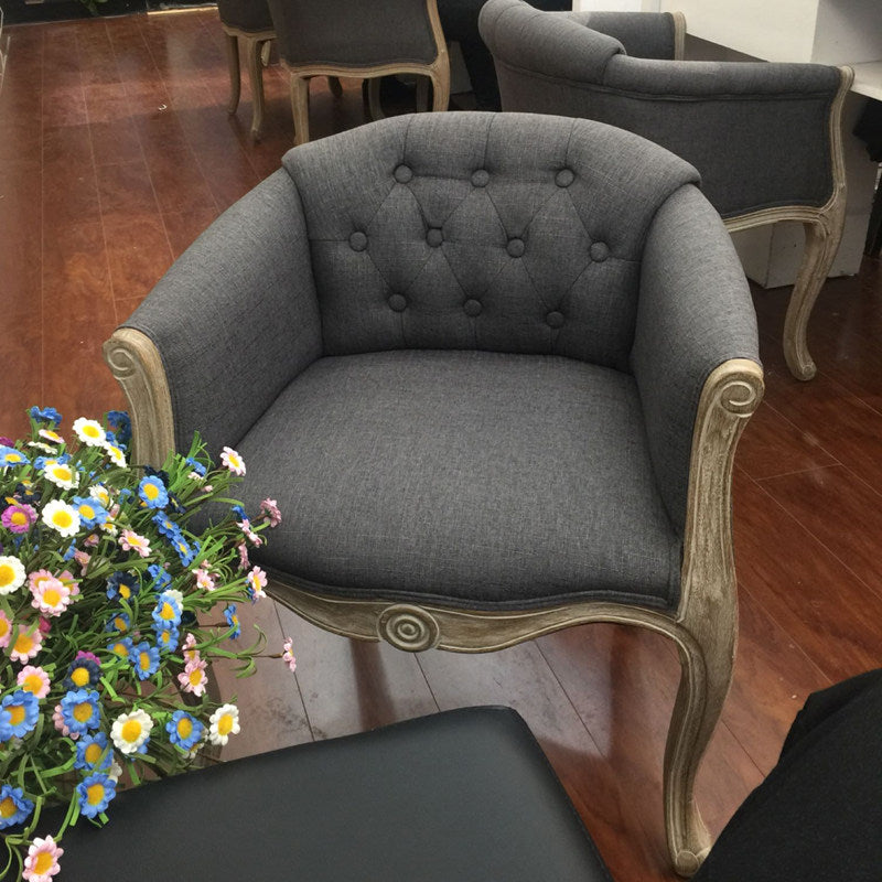 Traditional French Solid Wood & Linen Fabric Upholstered Accent Chair With Armrests And Backrest For Living Room