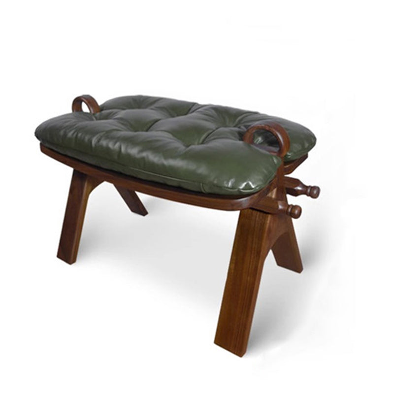 Contemporary Retro Top Grain Leather Curved Rectangular Low Stool With Solid Wood Base For Bedroom & Living Room
