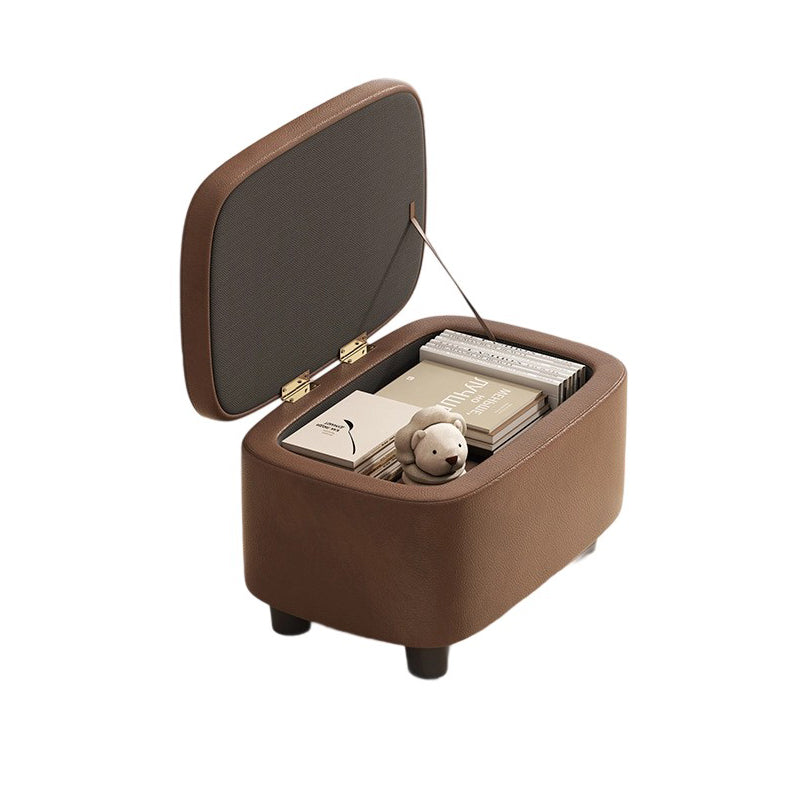 Modern Minimalist Rounded-Edge Solid Wood PU Leather Low Stool 1-Storage For Entryway
