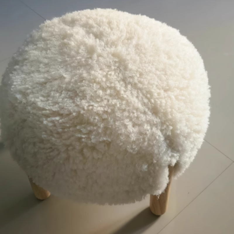 Contemporary Scandinavian Sherpa Fabric Solid Wood Round Low Stool For Entryway & Living Room