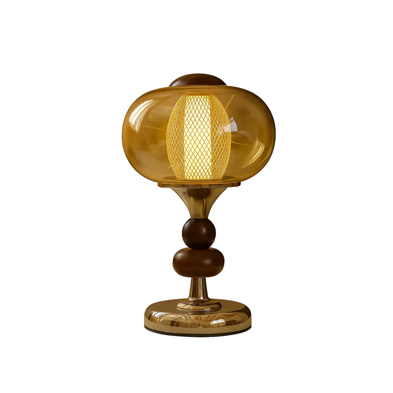 Contemporary Retro Palace Solid Wood Glass Iron Round LED Table Lamp For Living Room & Bedroom