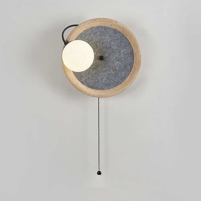 Contemporary Scandinavian Round Wrought Iron Yellow Travertine 1-Light Wall Sconce Lamp With Zipper For Bedroom & Living Room