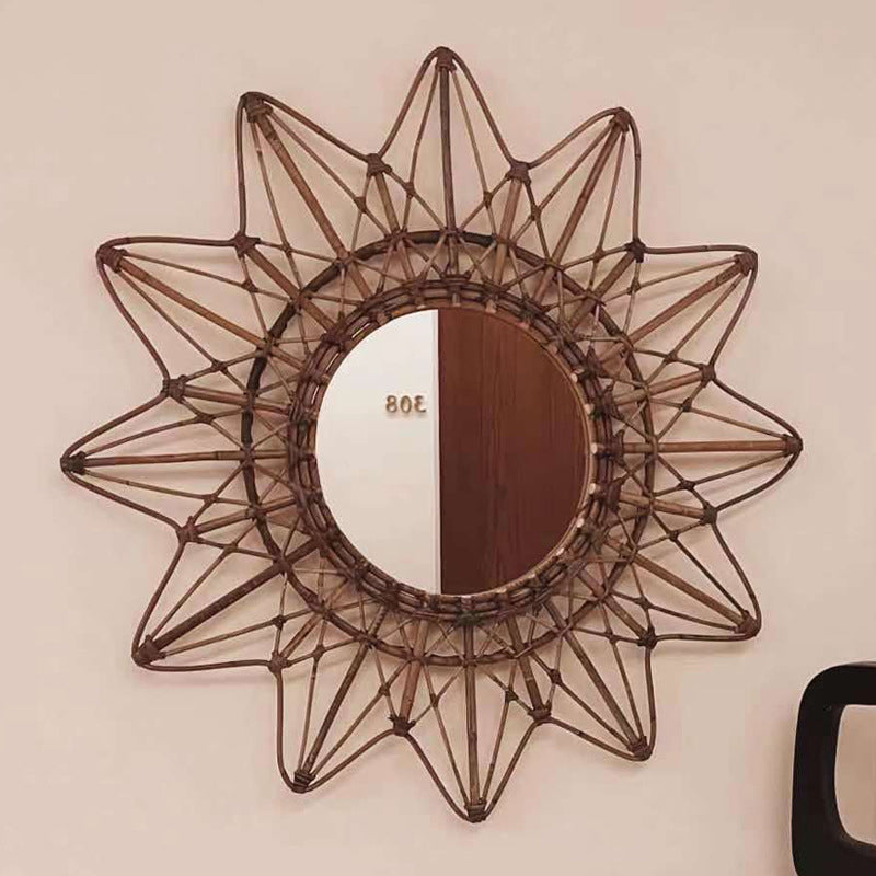Contemporary Boho Sunburst Handwoven Indonesian Rattan Wall Mirror - Nordic Natural Decorative Round Mirror For Living Room, Bedroom & Entryway