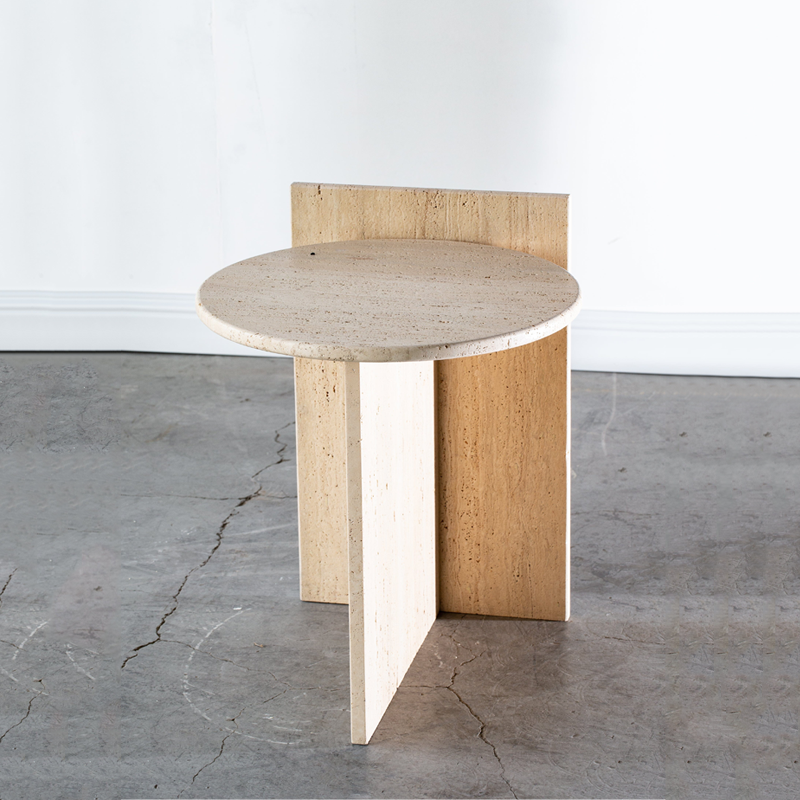 Modern Minimalist Yellow Travertine Round Side Table Sculptural Stone End Table For Living Room & Bedroom