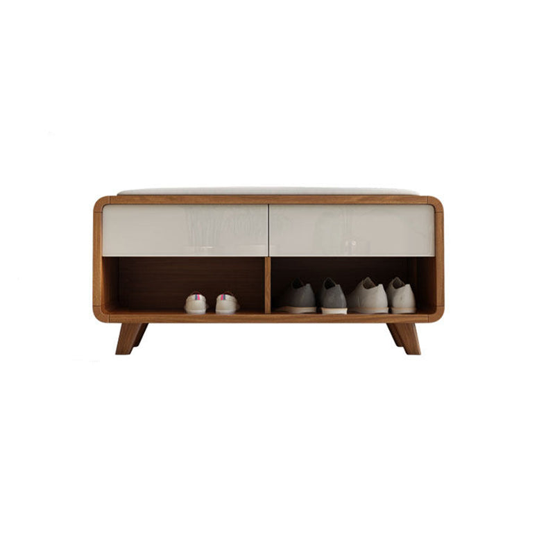 Contemporary Nordic Particleboard Plywood Rectangular Shoe Bench With 2-Tier Storage & Upholstered Cushion For Entryway