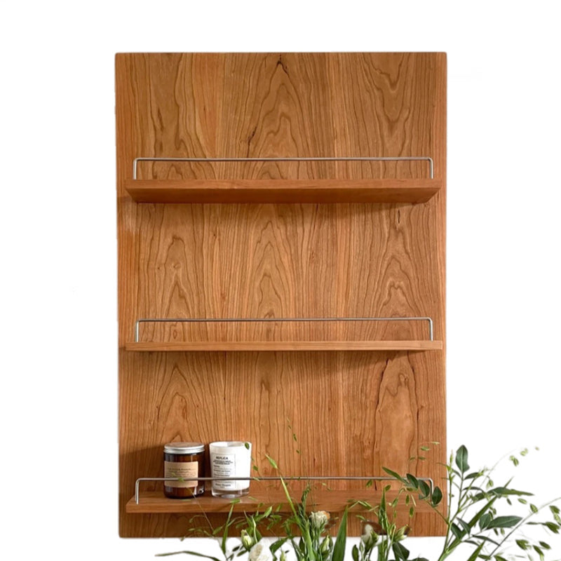 Modern Minimalist Cherry Wood & Plywood Rectangular Wall-Mounted Storage Shelf 3-Tier Living Room