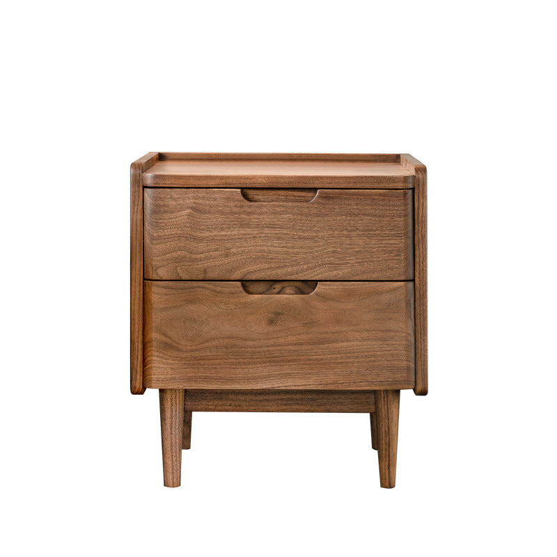 Traditional Japanese Rounded Corner Design Solid Walnut Wood Nightstand 2-Drawer For Bedroom