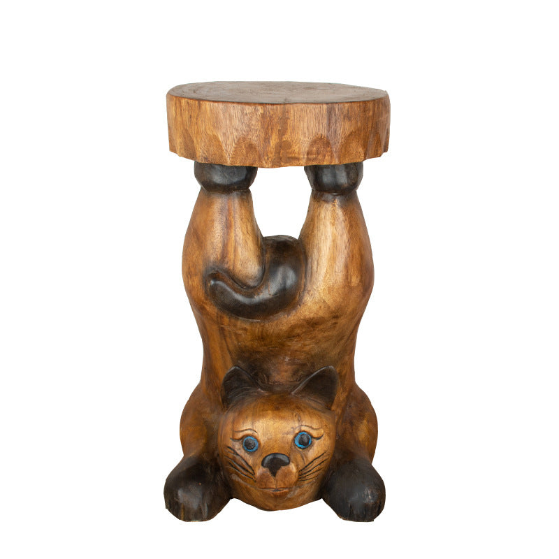Contemporary Creative Solid Wood Cat Design Side Table For Living Room - Hand-Carved Accent Table In Natural Wood