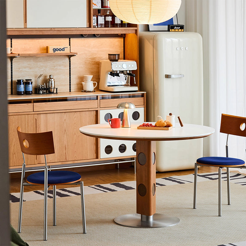 Modern Mid-Century Solid Wood Stone Slab Top Stainless Steel Round Dining Table For 5/7 Seats