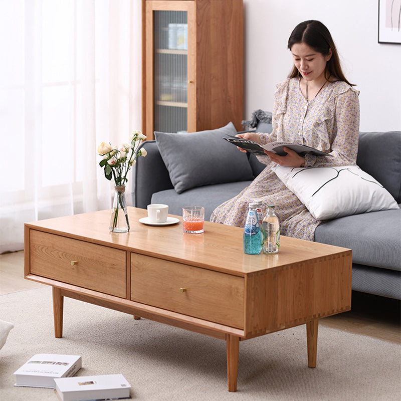 Modern Minimalist Solid Wood Rectangular Coffee Table With 2-Drawer For Living Room