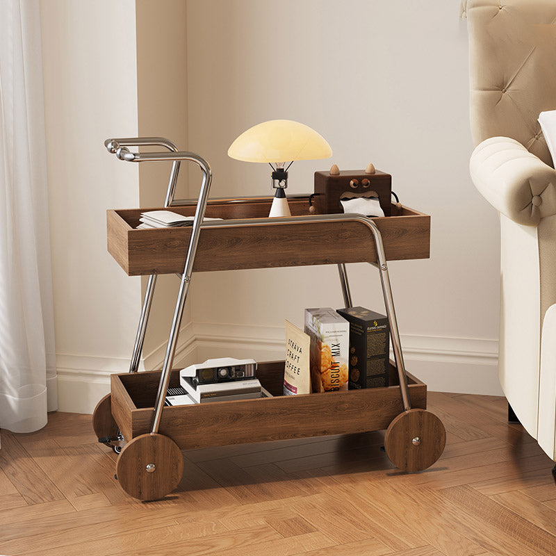 Modern Minimalist Walnut Wood & Metal Rectangular 2-Tier Rolling Cart Side Table For Living Room