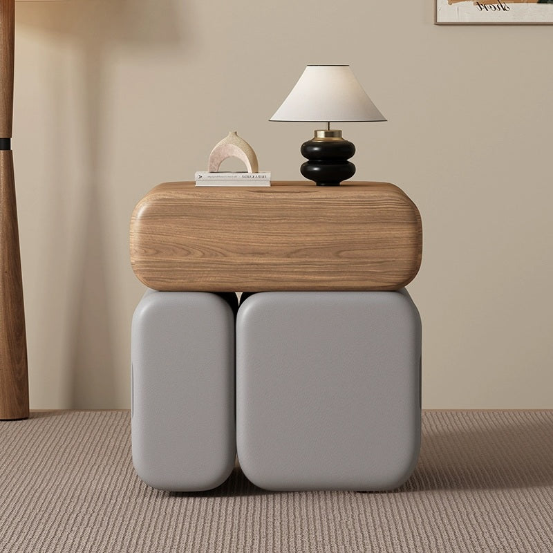 Modern Minimalist Solid Wood & Plywood Faux Leather Rounded Rectangular Nightstand With 3 Drawer Storage For Bedroom