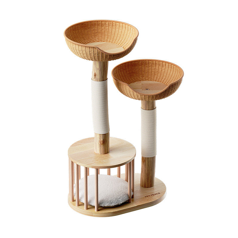 Traditional Japanese Round Rubberwood Natural Fruitwood Sisal 1-Condo 2-Perch Cat Tree For Bedroom