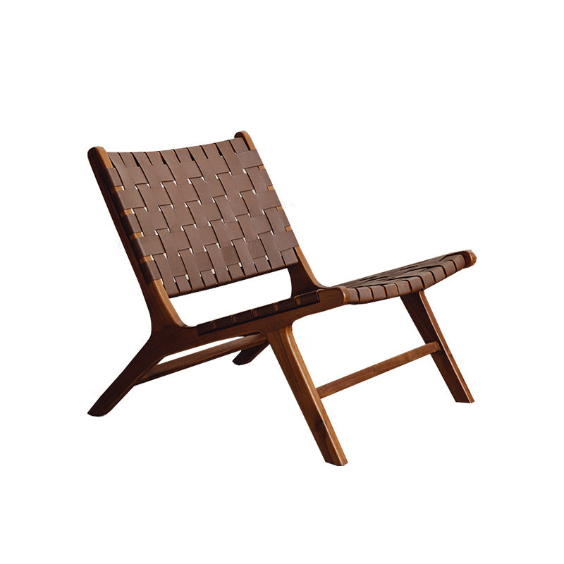 Traditional Rustic Faux Saddle Leather Solid Wood Rectangular Accent Chair Backrest Armless For Living Room