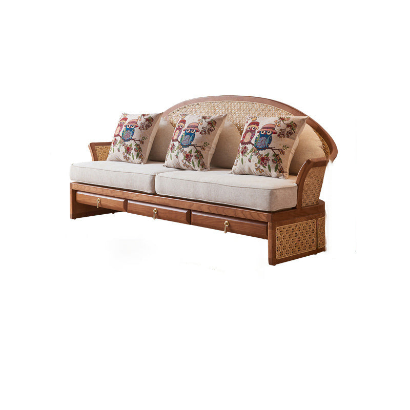 Contemporary Boho Curved Solid Wood Rattan Linen Accent Chair Backrest Armrest For Living Room