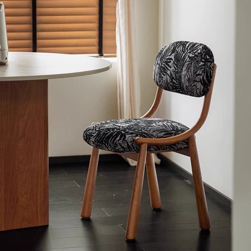 Traditional Vintage Curved Solid Wood Cotton-Linen Dining Chair Backrest Armless For Dining Room & Kitchen
