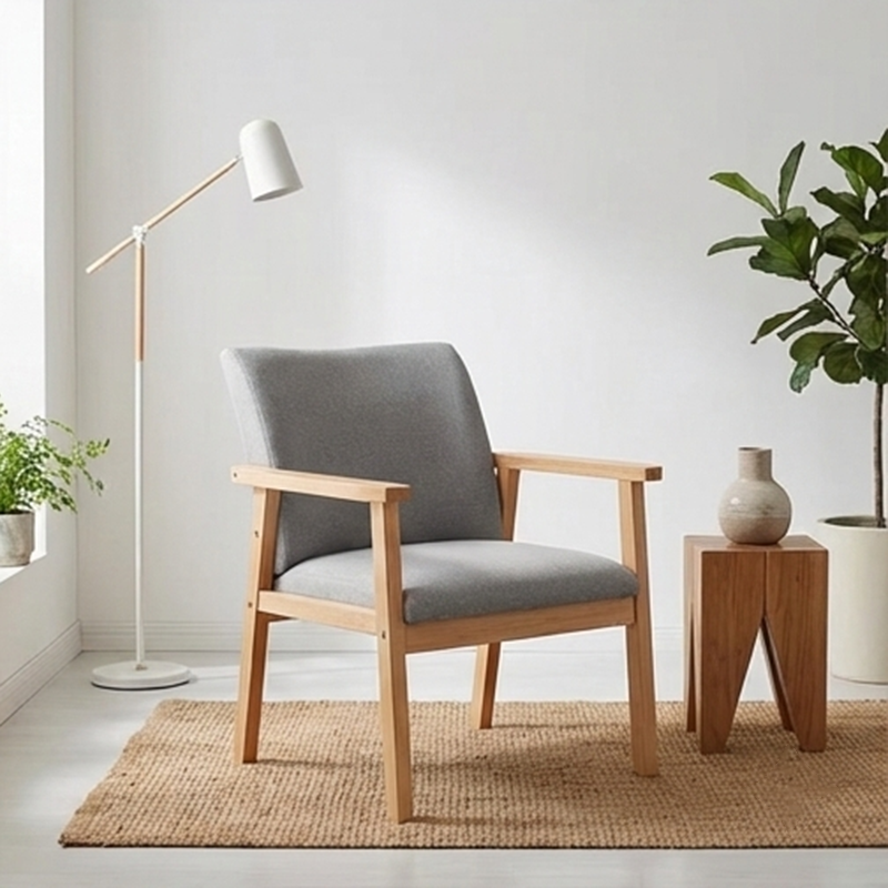 Modern Minimalist Rectangular Fabric Rubberwood Accent Chair Backrest Armrest For Living Room