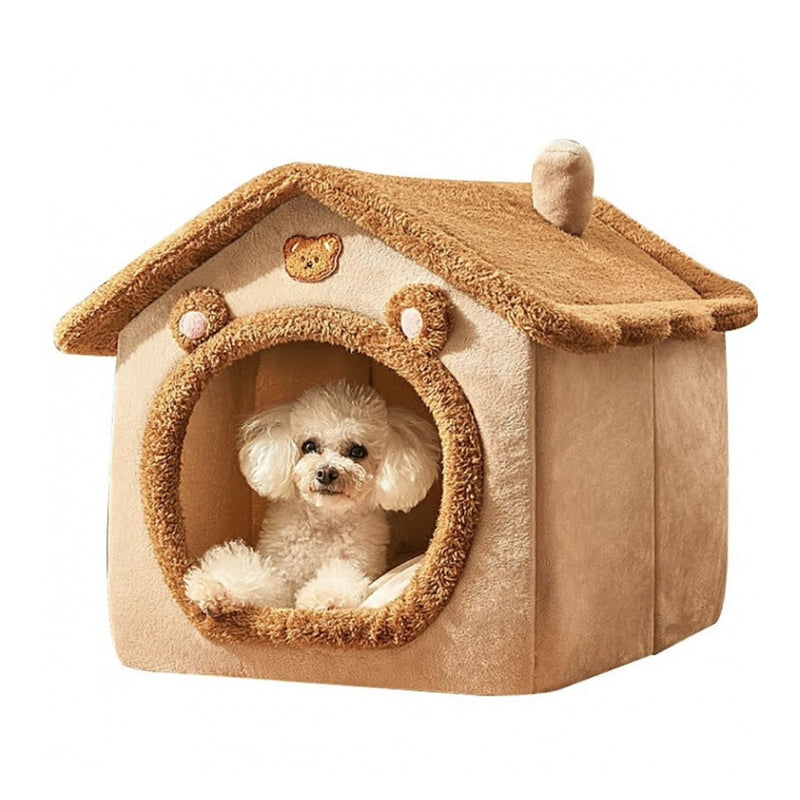 Contemporary Creative House-Shaped Bear Velvet Anti-Slip Dotted Fabric Dog Bed & Cat Bed For Bedroom