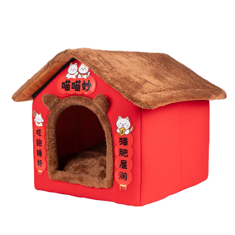 Contemporary Creative Rectangular House Cat Ear Arctic Fleece Anti-Slip Dotted Fabric Cat Bed For Bedroom