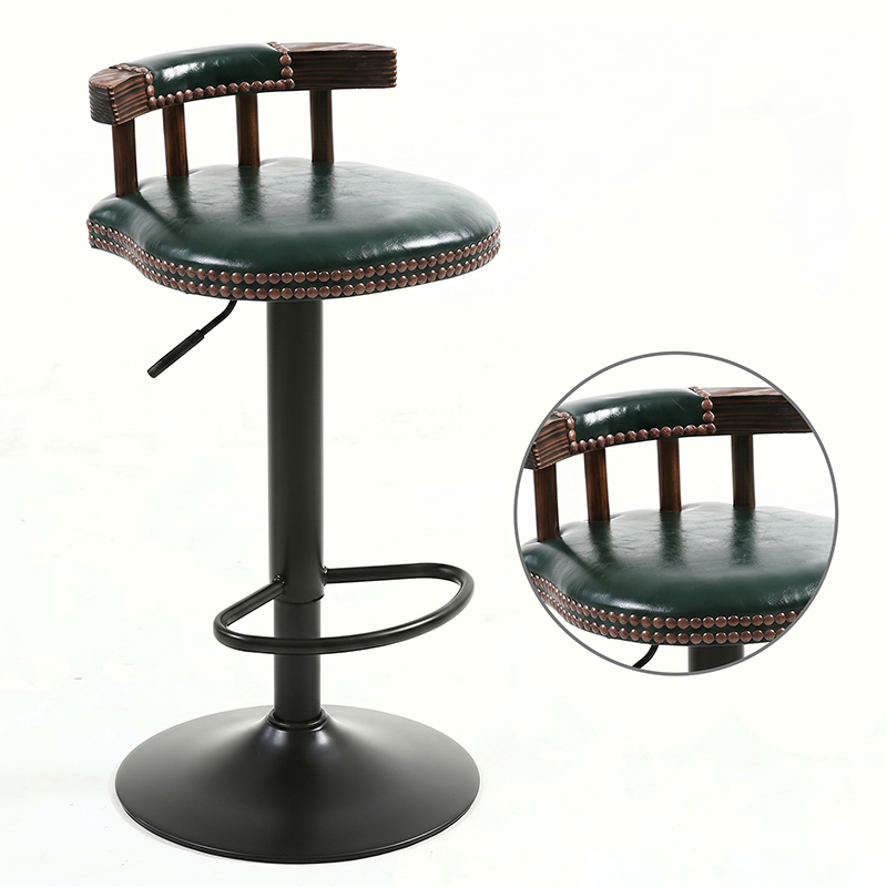 Contemporary Luxury Round Faux Oil-Waxed Leather Iron Bar Stool Backrest Footrest For Dining Room