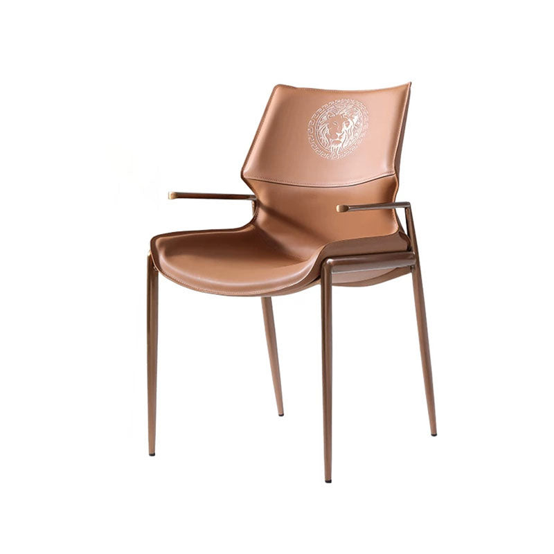 Traditional Vintage Curved Rectangular Faux Saddle Leather Carbon Steel Stainless Steel Dining Chair Backrest Armrest For Dining Room