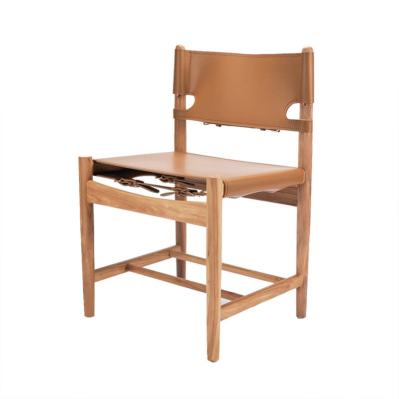 Traditional Vintage Rectangular Seat Solid Wood Saddle Leather Dining Chair Backrest For Dining Room