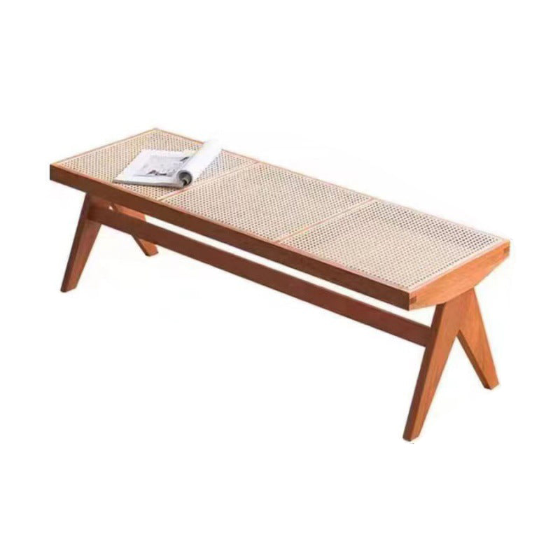 Traditional Vintage Rectangular Solid Wood Rattan-Style Footstool For Living Room