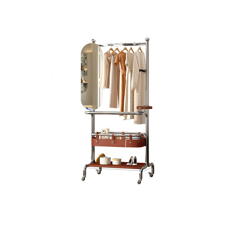 Contemporary Industrial Rectangular Stainless Steel Rubberwood Faux Saddle Leather Movable Hall Tree 2-Tier With Rotatable Half-Length Mirror For Entryways