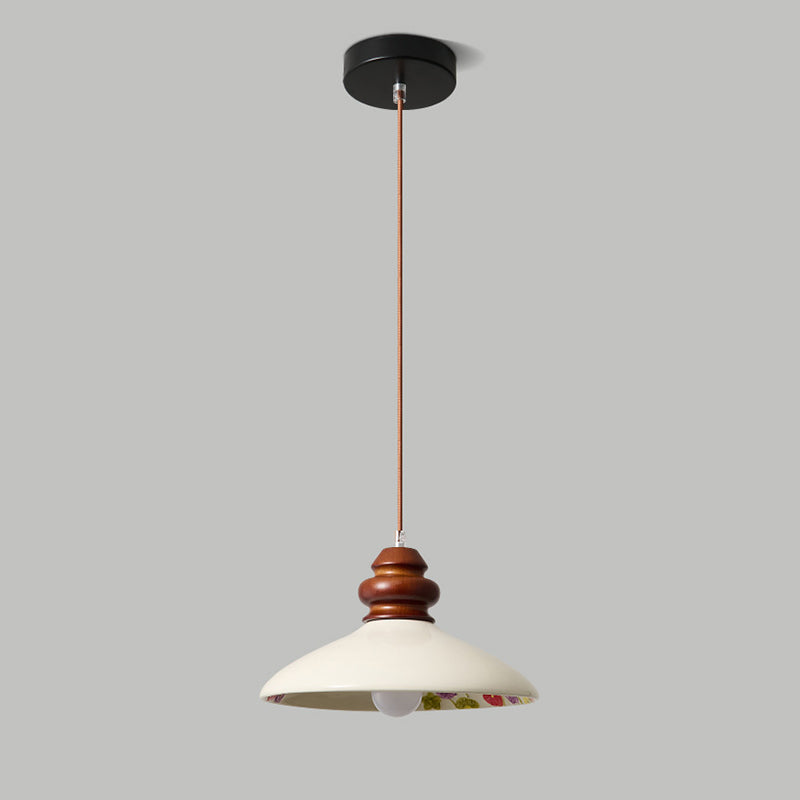 Traditional French Fan-shaped Flower Pattern Rubberwood Ceramic 1-Light Pendant Light For Living Room