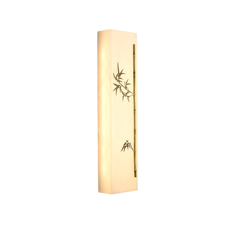 Traditional Chinese Copper Marble Rectangular Bamboo Pattern LED Wall Sconce Lamp For Bedroom