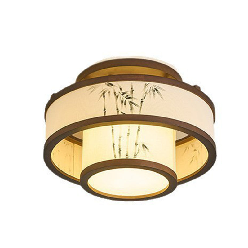 Traditional Chinese Rubberwood Fabric Cylindrical 4/5-Light Semi-Flush Mount Ceiling Light For Living Room & Bedroom