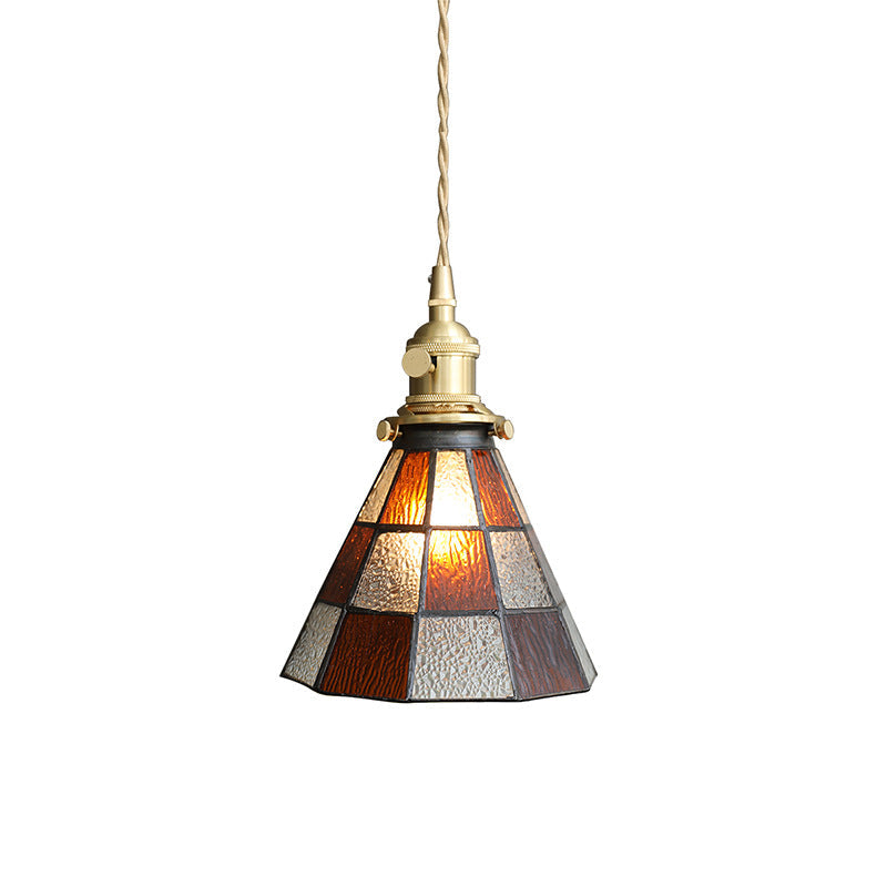 Traditional Vintage Brass Glass Hexagon Cone 1-Light Pendant Light For Living Room