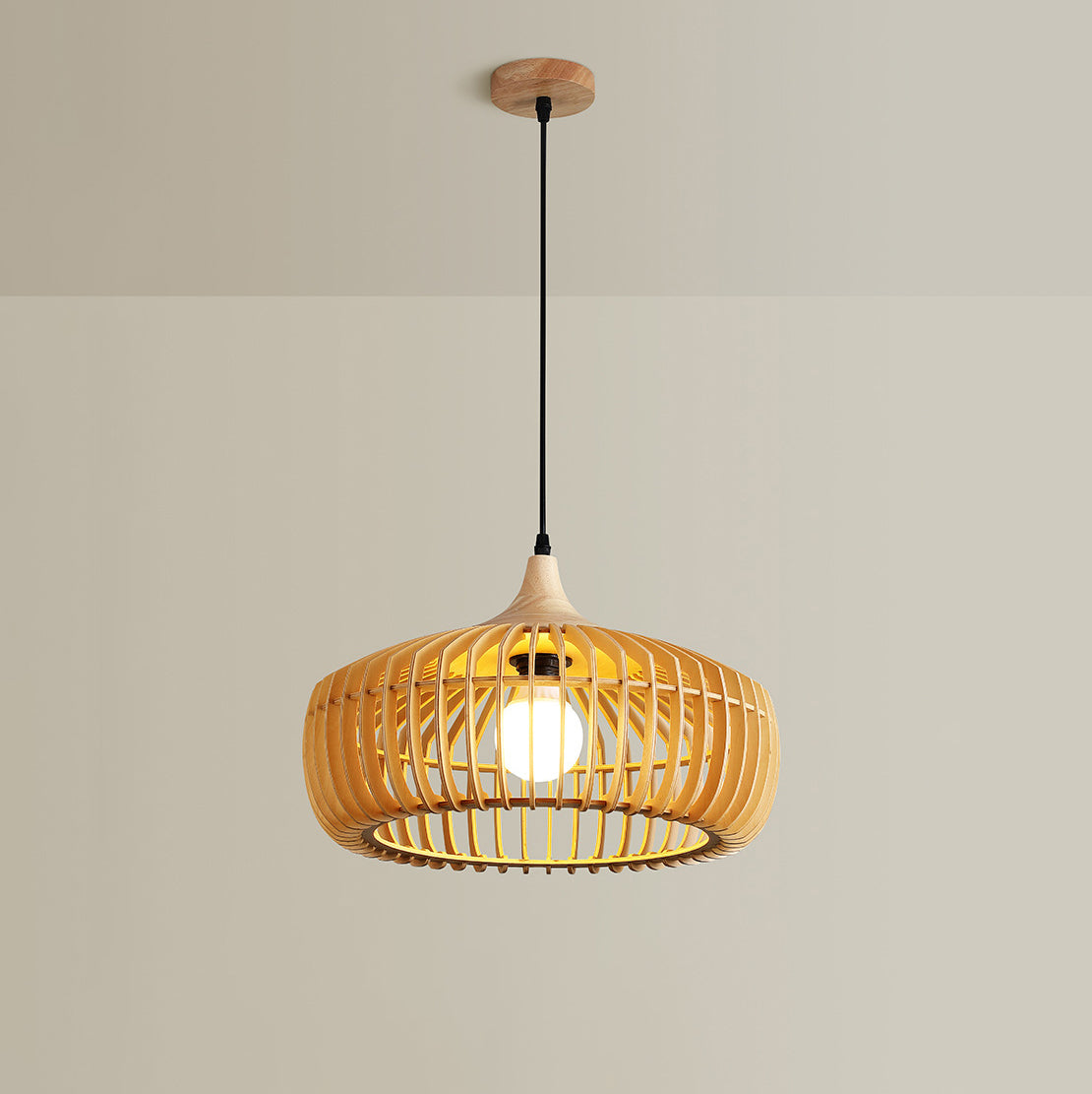 Traditional Japanese Solid Wood Hollow Out Round Cage 1-Light Pendant Light For Living Room