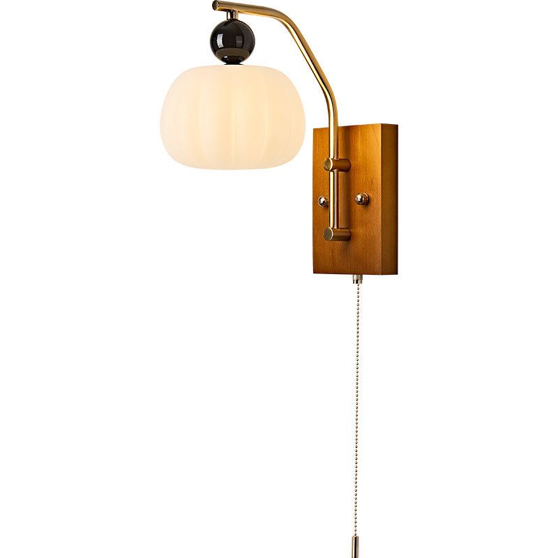 Traditional Vintage Pumpkin & Oval Solid Wood Iron Resin Zipper 1-Light Wall Sconce Lamp For Bedroom