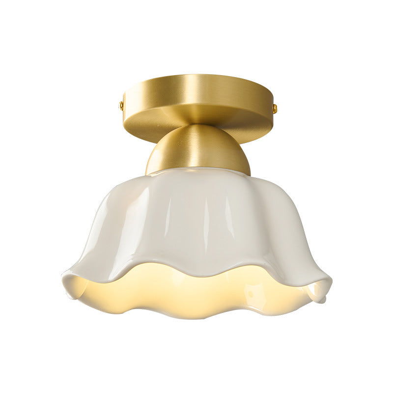 Contemporary Scandinavian Copper Ceramic Flower 1-Light Semi-Flush Mount Ceiling Light For Hallway