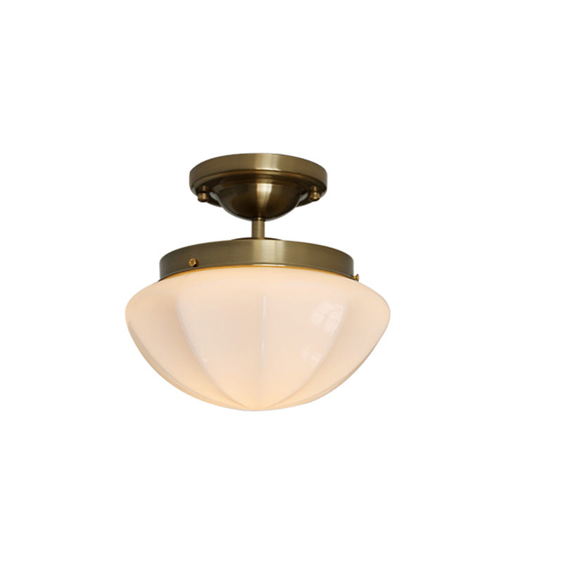 Traditional Vintage Iron Glass Cream Round 1-Light Semi-Flush Mount Ceiling Light For Hallway