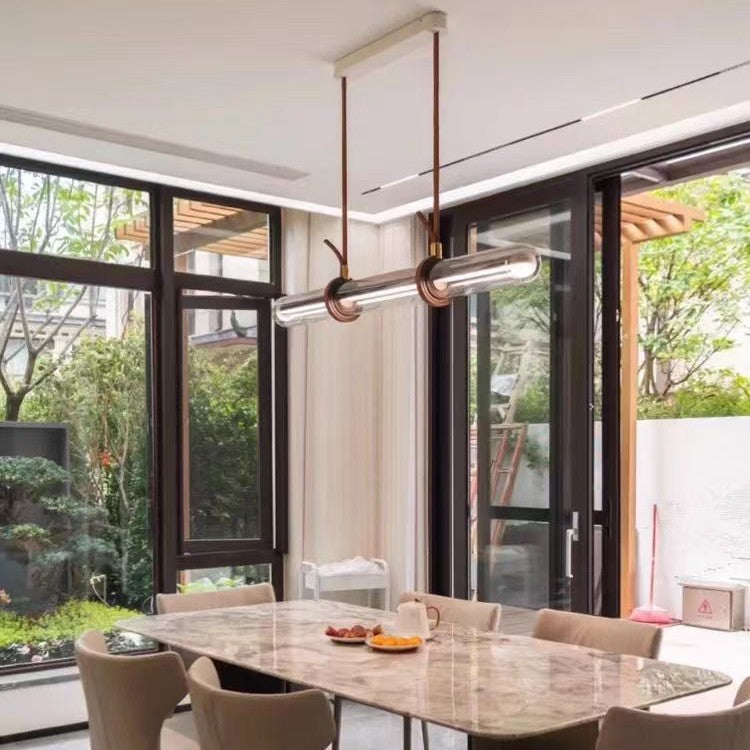 Modern Minimalist PU Leather Glass Linear LED Island Light Chandelier For Dining Room