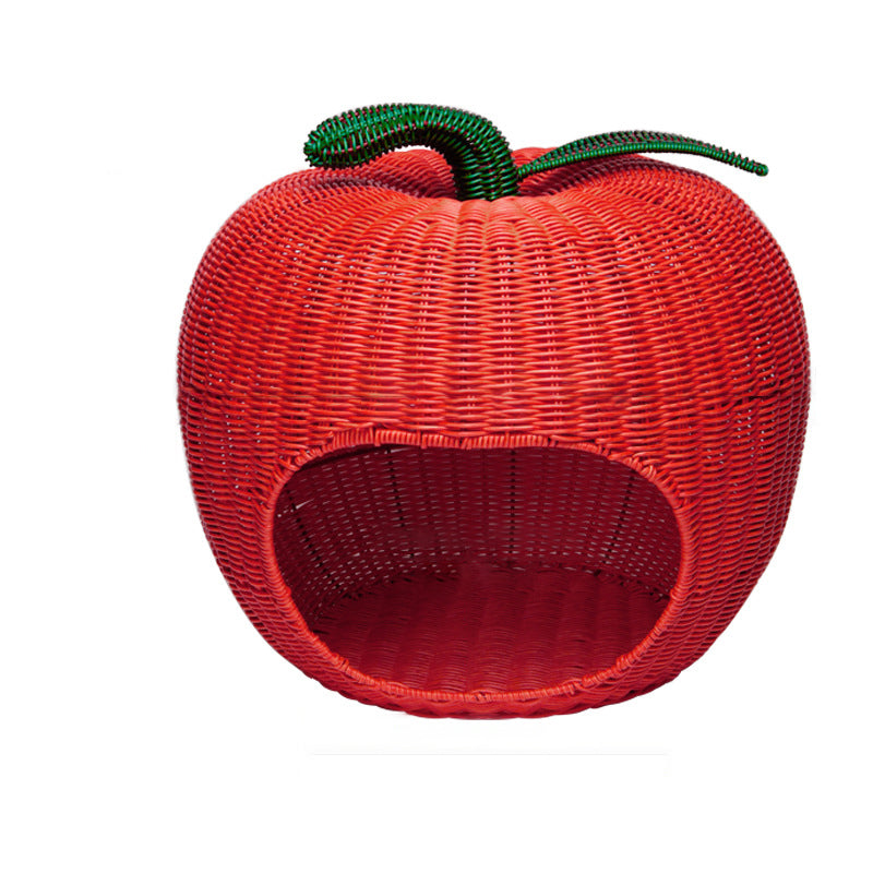 Contemporary Creative Apple-Shaped PP/PE Rattan Velvet Cat Bed With Toy Ball For Bedroom