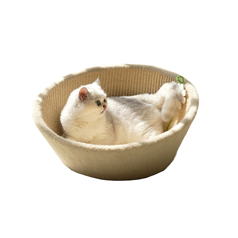 Contemporary Nordic Round Curved Medium Density Fiberboard Multi-layer Plywood Sisal Cotton Rope Velvet Cat Bed For Bedroom