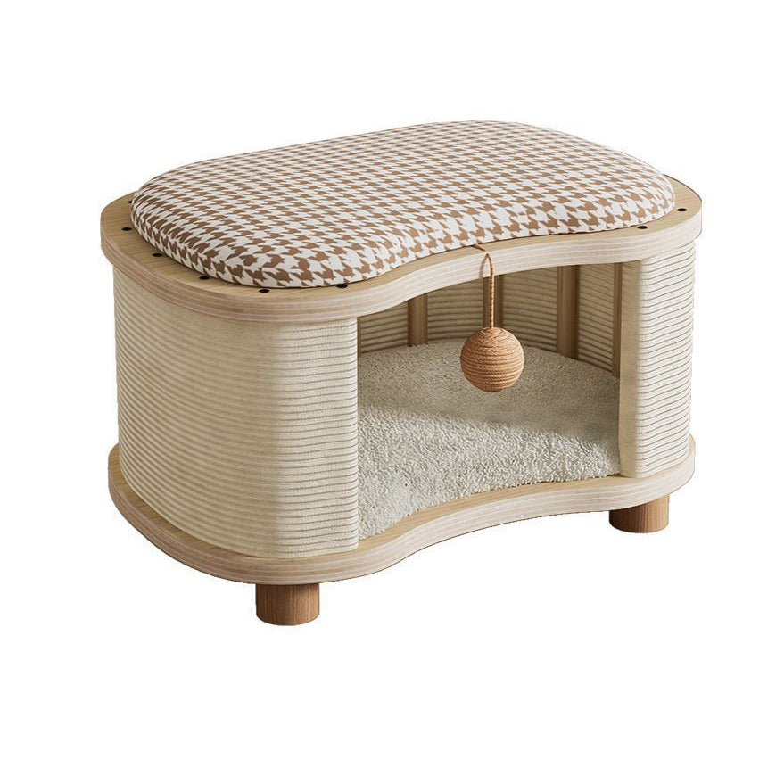 Modern Minimalist Pine Wood Linen Teddy Fleece Oval Removable Cat Bed 1-Toy Ball For Living Room & Bedroom