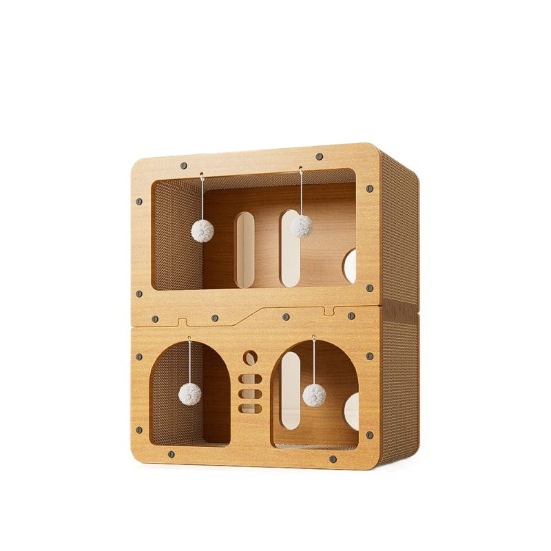 Modern Minimalist High-density Corrugated Paper MDF Rectangular Cat Bed 2-Tier 4-Toy Ball For Living Room & Bedroom