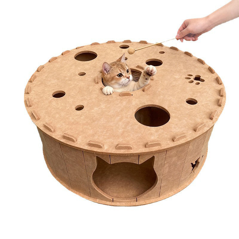 Contemporary Creative Felt Round Cat Bed With Tunnel Design For Living Room & Bedroom