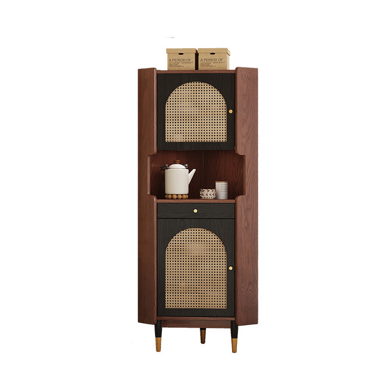 Traditional Japanese Rectangular Medium Density Fiberboard Rattan Solid Wood Corner Shelf Unit 2-Cabinet For Living Room